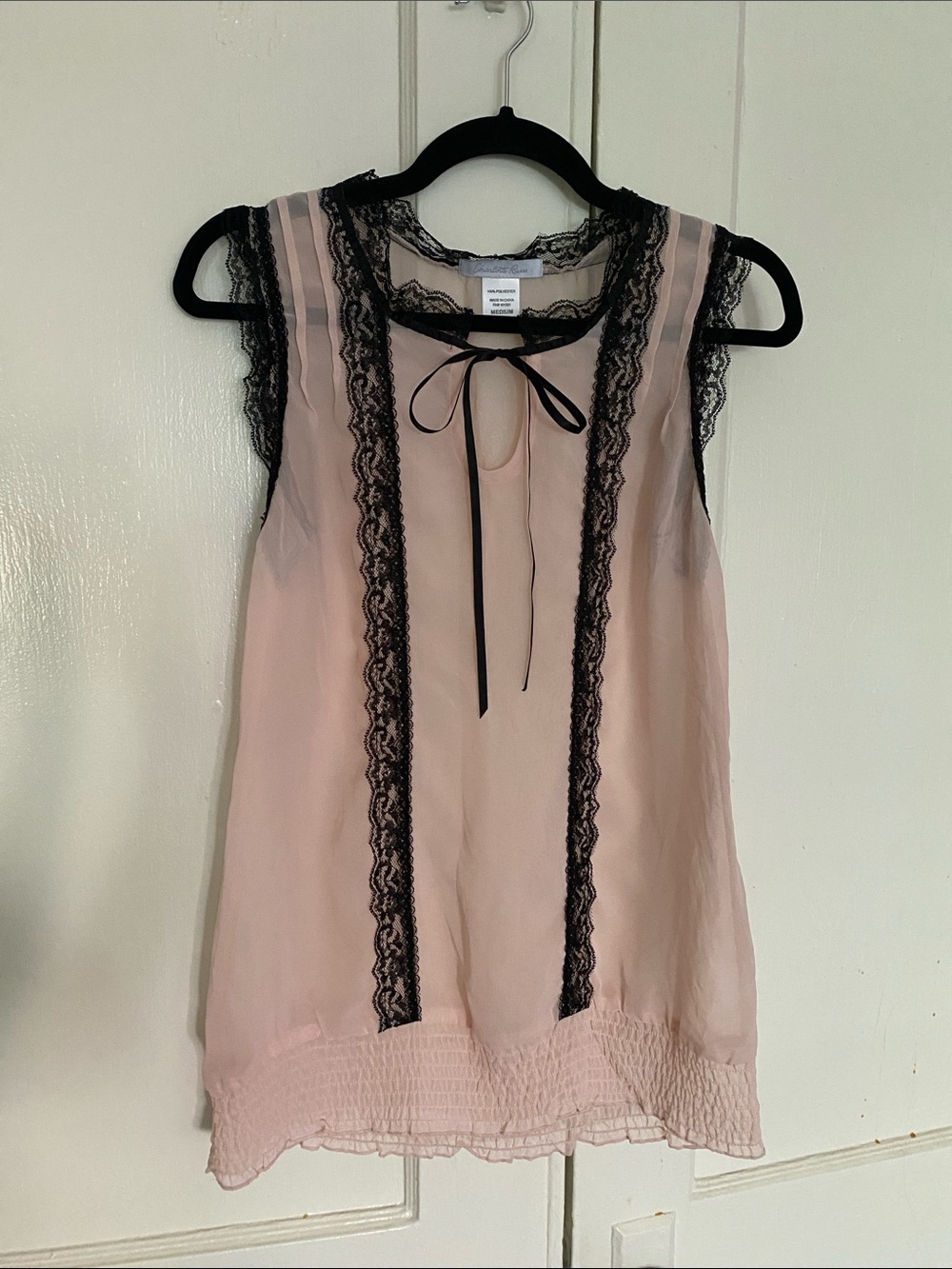 Charlotte Russe y2k Women's Baby Pink Black Lace-Trim Sheer Blouse